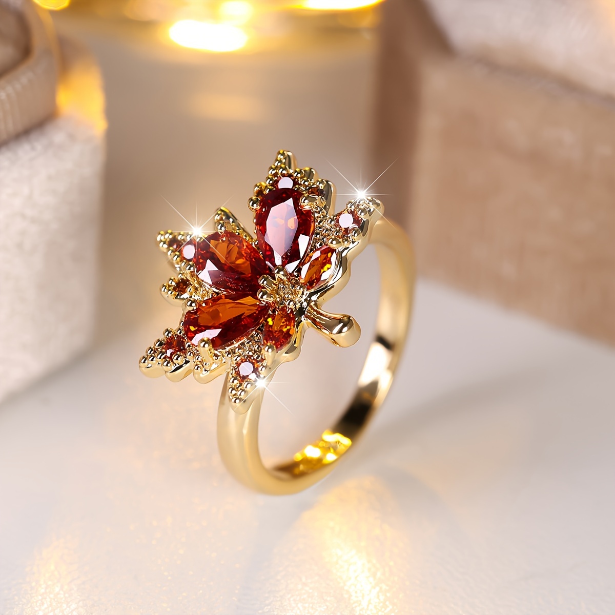 Maple Leaf Zirconia Ring for Women - Boho Style Copper Band